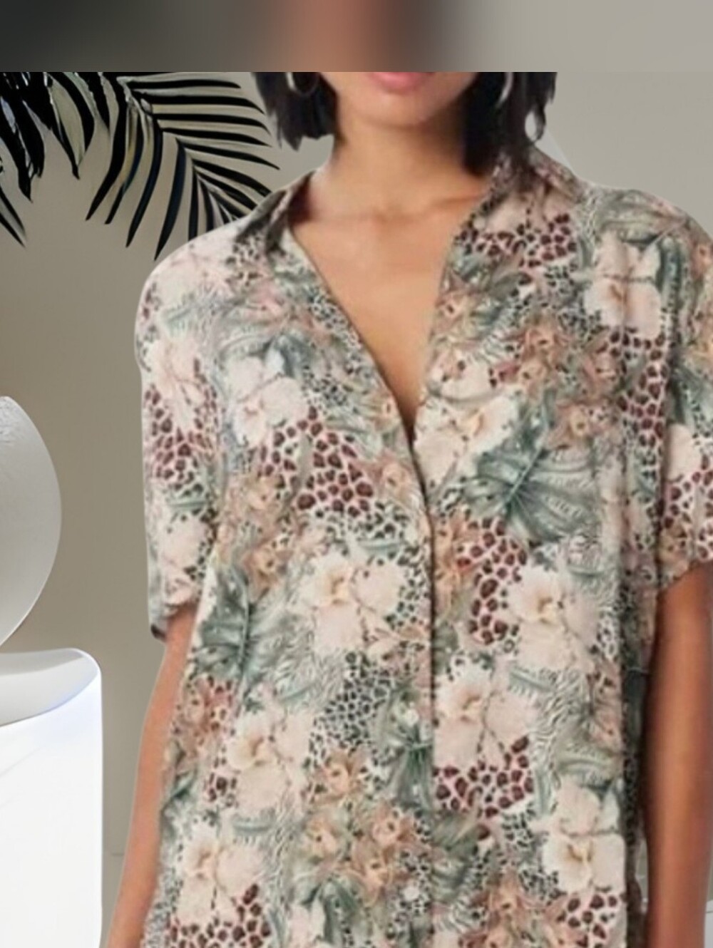 Lita By Ciara Printed Viscose Camp Floral Cheetah Print Shirt